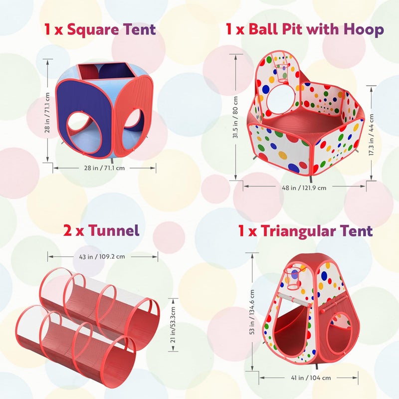 Playz 5-Piece Kids Play Tents Crawl Tunnels and Ball Pit Popup Bounce Playhouse Tent with Basketball Hoop for Indoor and Outdoor Use with Red Carrying Case - Image 3